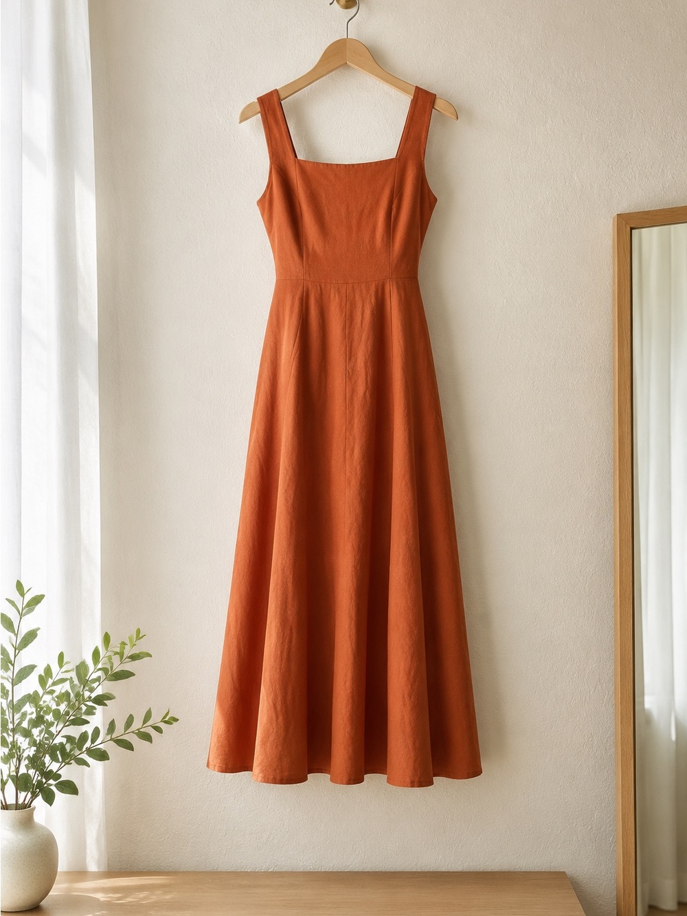 Sleeveless Square-Neck Maxi Dress in Burnt Orange
